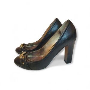 Coach Desaree Dogleash Black Leather Chunky Heels Pumps Size 8